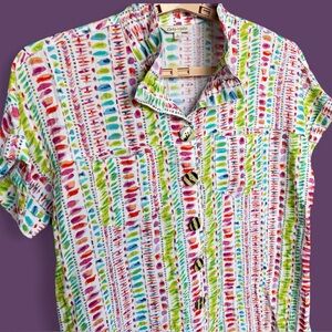 John Mark Colorful Print Button Front Top Womens Boho Casual Shirt Sz L Artsy